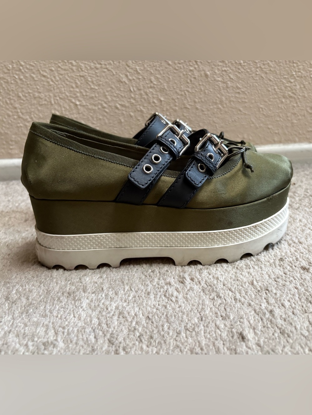 Miu Miu Olive Green Platform Sneakers with Black Buckle Straps